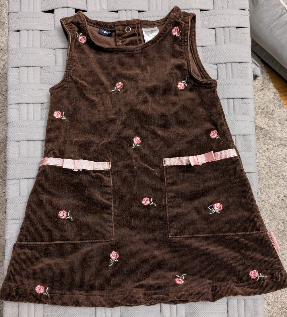 IIzod Toddler Girl's Brown Corduroy Dress Embroidered Roses 3T EUC